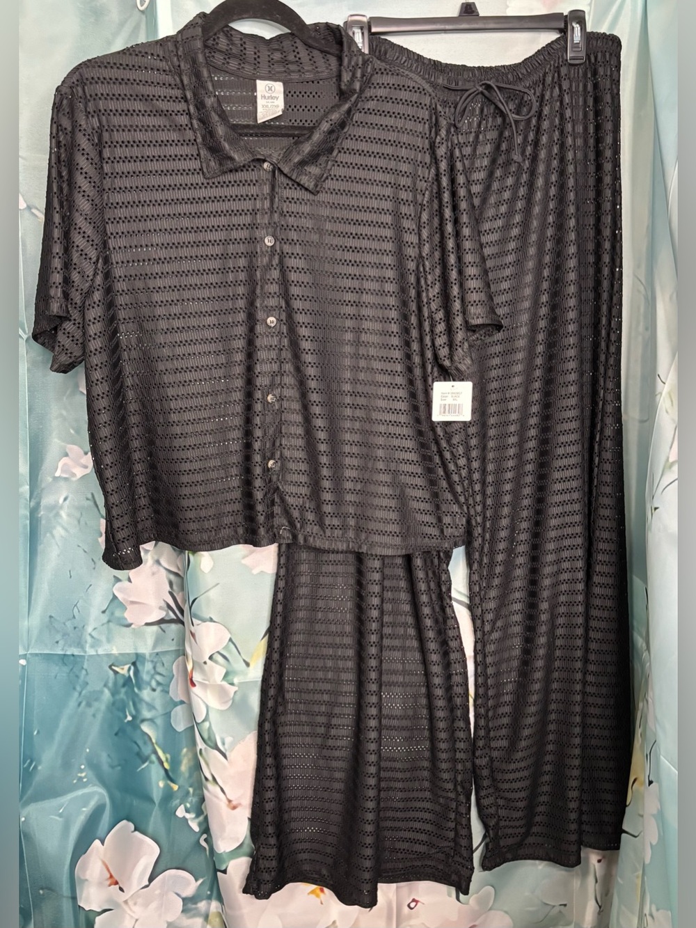 NWT Hurley Black Mesh 2 piece Swim Cover-Up Set Button Up & Wide Leg Pants XXL